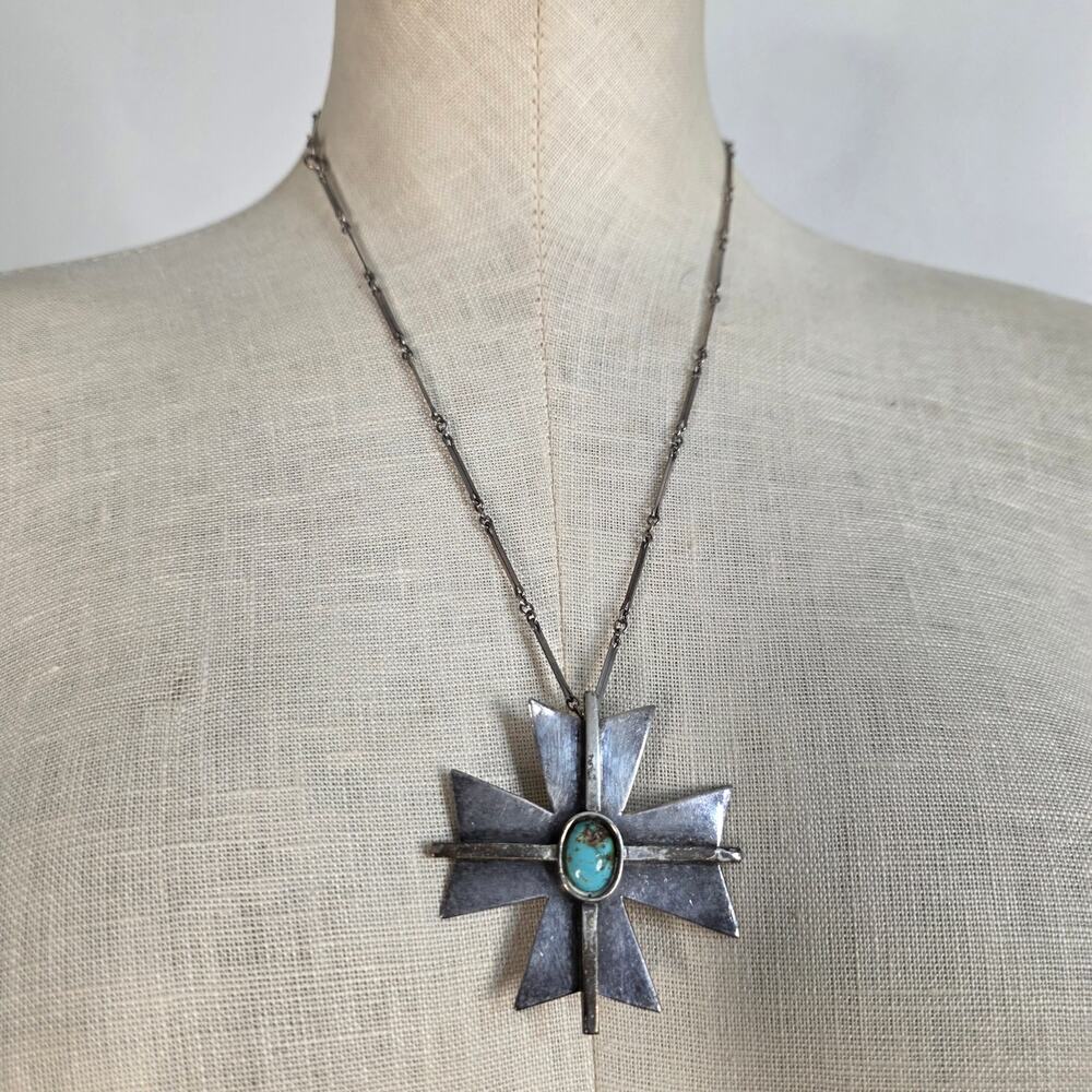 Vintage Sterling Silver Turquoise Modernist Cross Pendant Necklace Southwestern